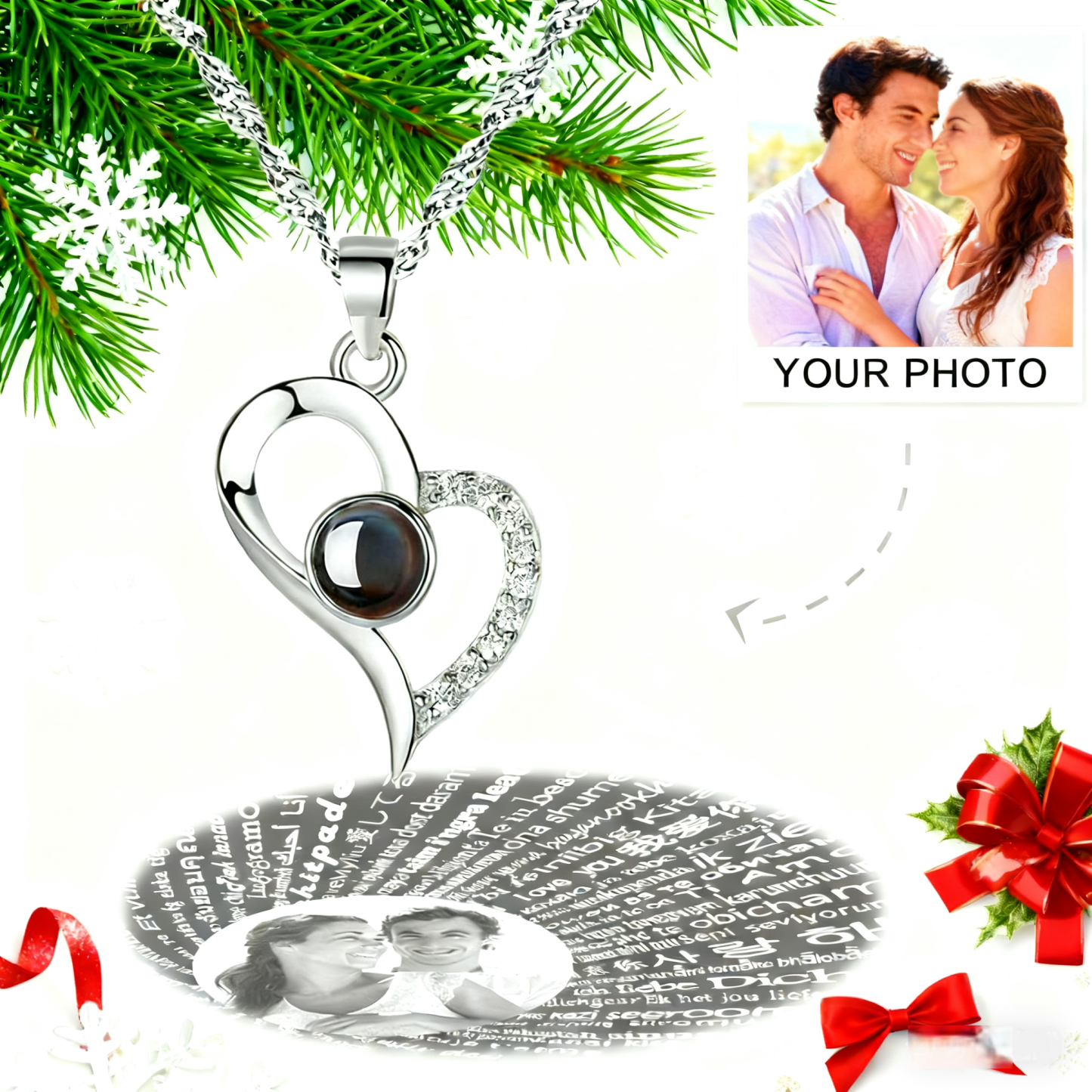 Personalized 100 Languages I Love You Photo Heart Projection Necklace