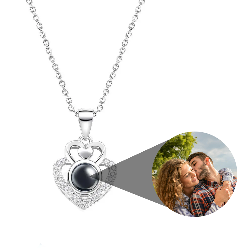 Custom Photo Projection Necklace Double Heart Romantic Couple Gifts