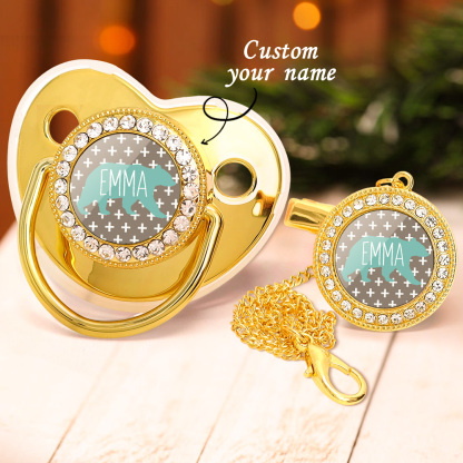 Custom Name Baby Pacifier & Clip Set with Polar Bear Pattern – Personalized Newborn Gift