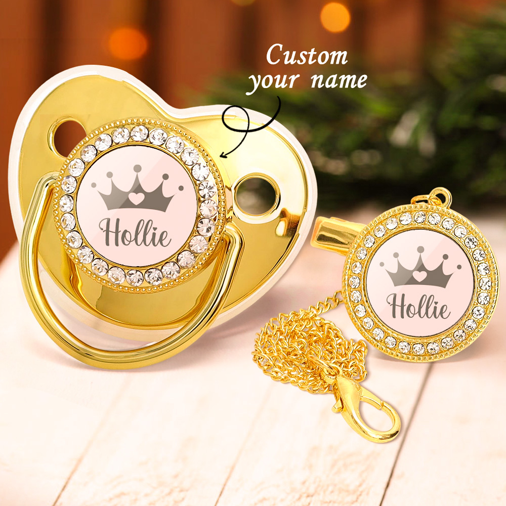 Custom Name Baby Pacifier & Clip Set with Crown – Personalized Newborn Gift
