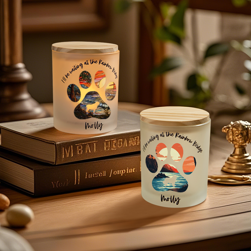 Personalized Dog Silhouette Rainbow Bridge Paw Candle Jar with LED Candle Memorial Gift for Pet Lover