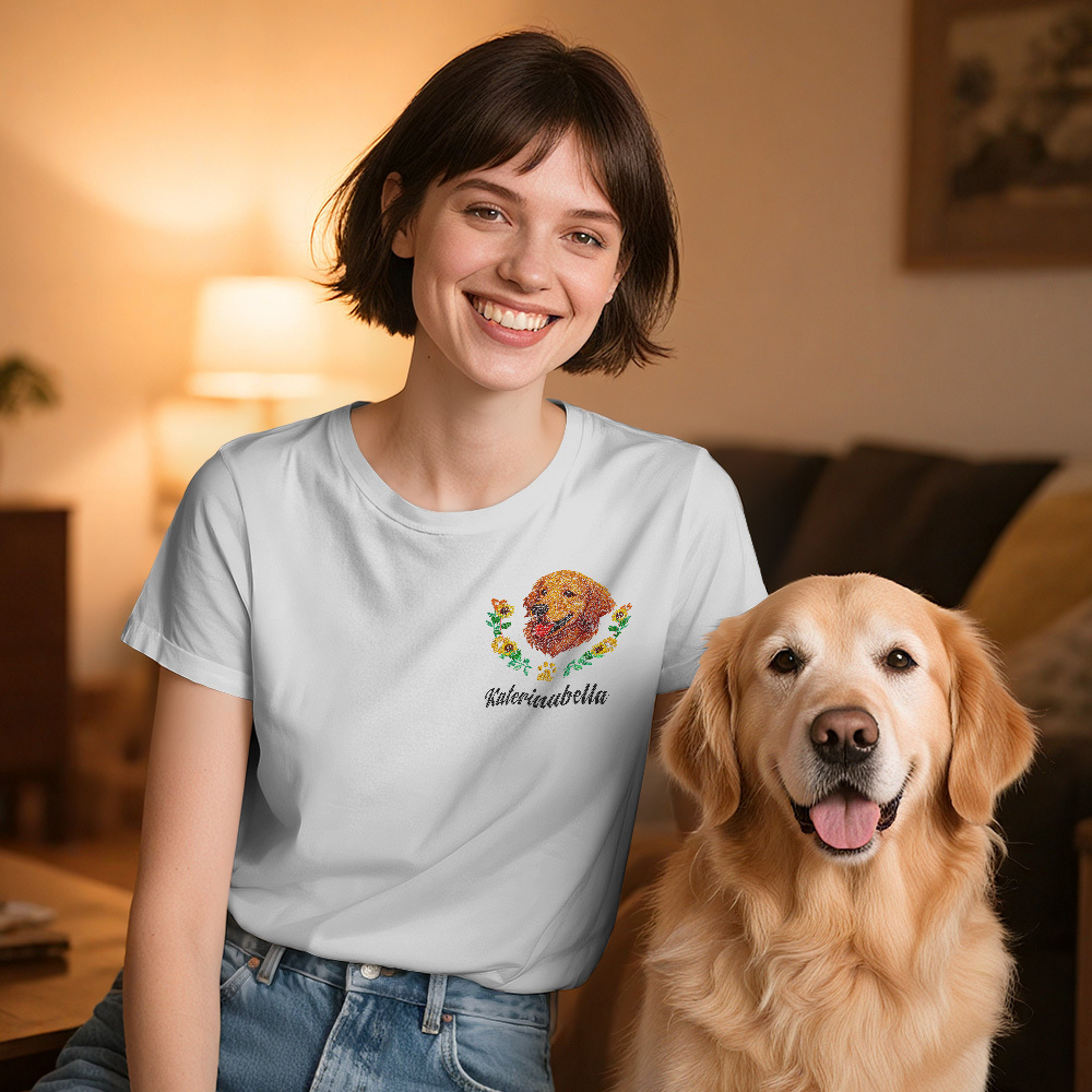 Custom Embroidered-Style Pet T-shirt – Personalized T-shirt with Pet Name & Wreath