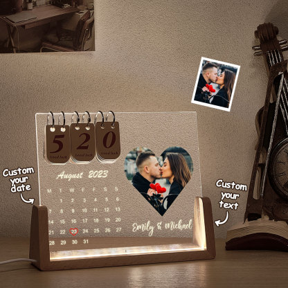 Custom Heart Photo & Name Acrylic Calendar Night Light – Birthday Christmas & Valentine’s Day Gift
