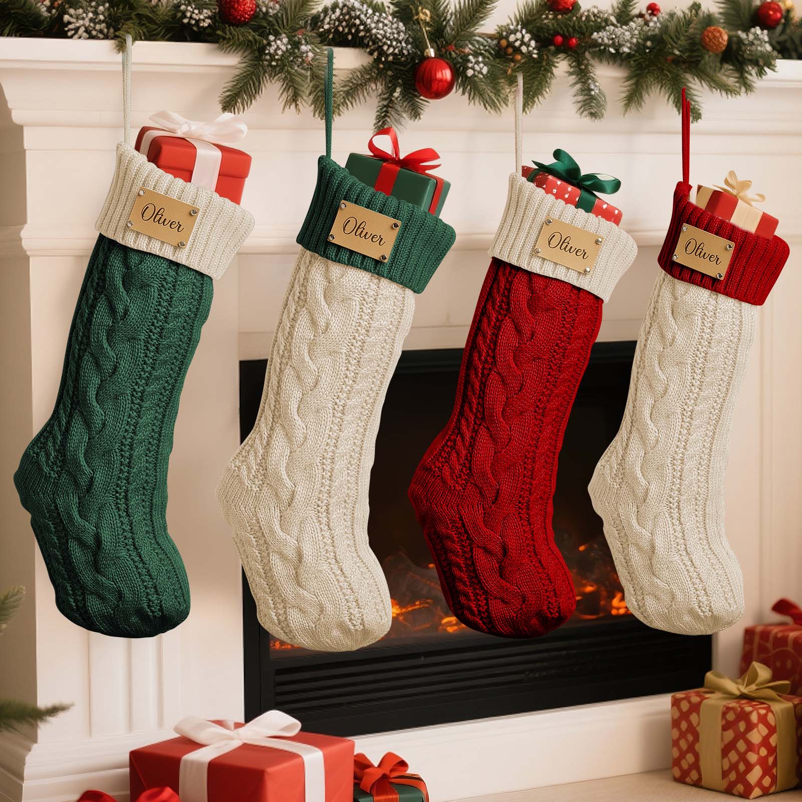 Personalized Christmas Stocking with Custom PU Leather Tag – Holiday Gift for Family & Kids