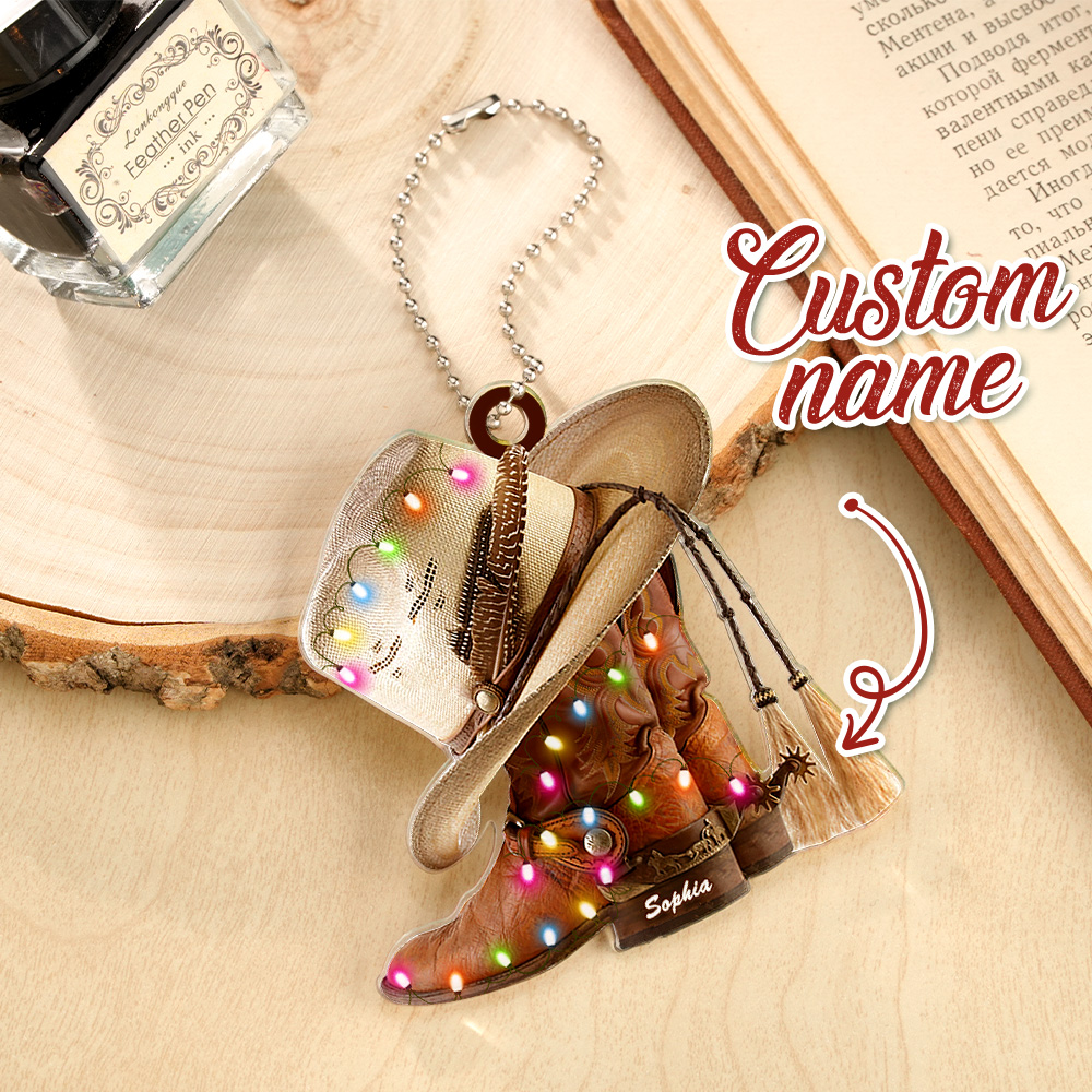 Personalized Cowboy Boots And Hat Car Ornament with Name Rearview Mirror Decoration Gift
