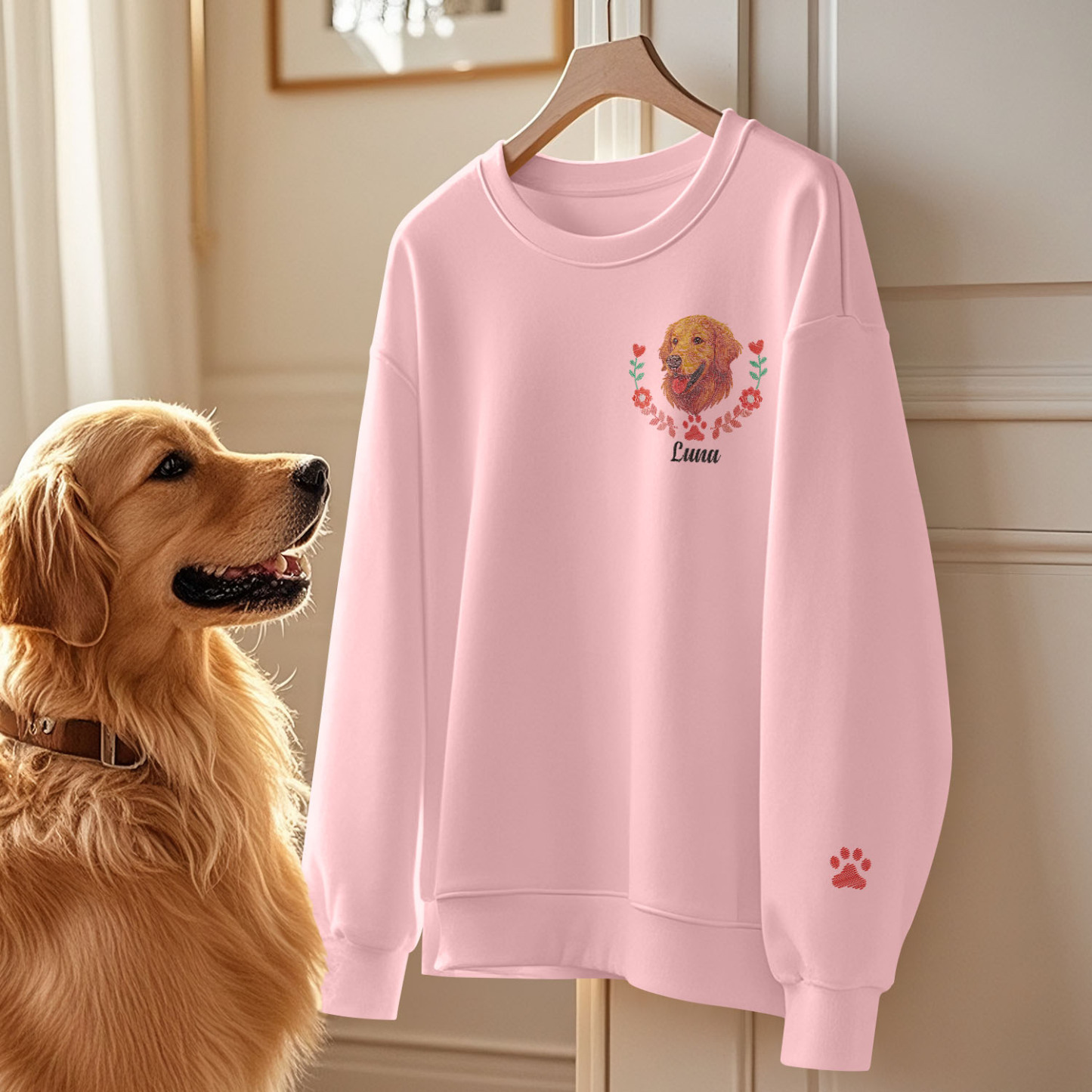 Custom Embroidered-Style Pet Sweatshirt – Personalized Pullover with Pet Name & Wreath