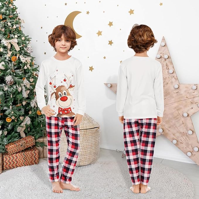 Christmas Family Pyjama Set Long Sleepwear Sleeves Cute Elk Print Round Neck Plaid Pyjamas Family Loungewear Outfit Suitable for Women Men Children and Baby Beige