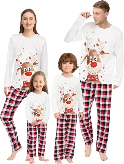 Christmas Family Pyjama Set Long Sleepwear Sleeves Cute Elk Print Round Neck Plaid Pyjamas Family Loungewear Outfit Suitable for Women Men Children and Baby Beige