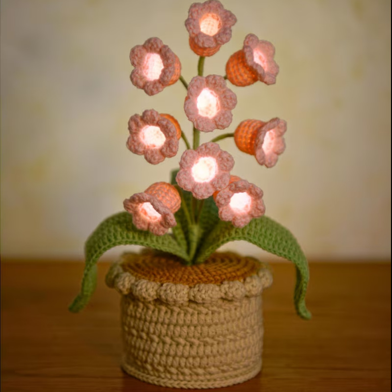 LED Light Crocheted Lily of the Valley - Glowing Potted Knit Flower Home Ambiance Decor