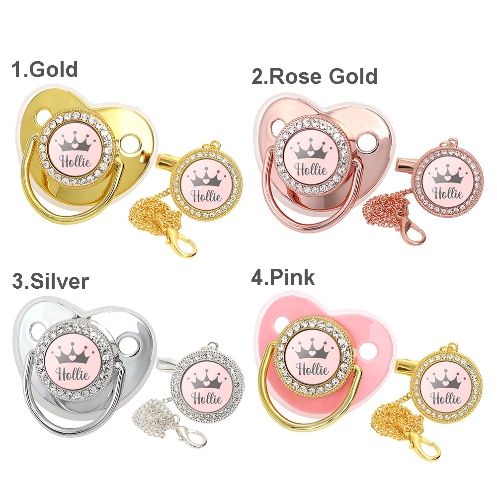 Custom Name Baby Pacifier & Clip Set with Crown – Personalized Newborn Gift