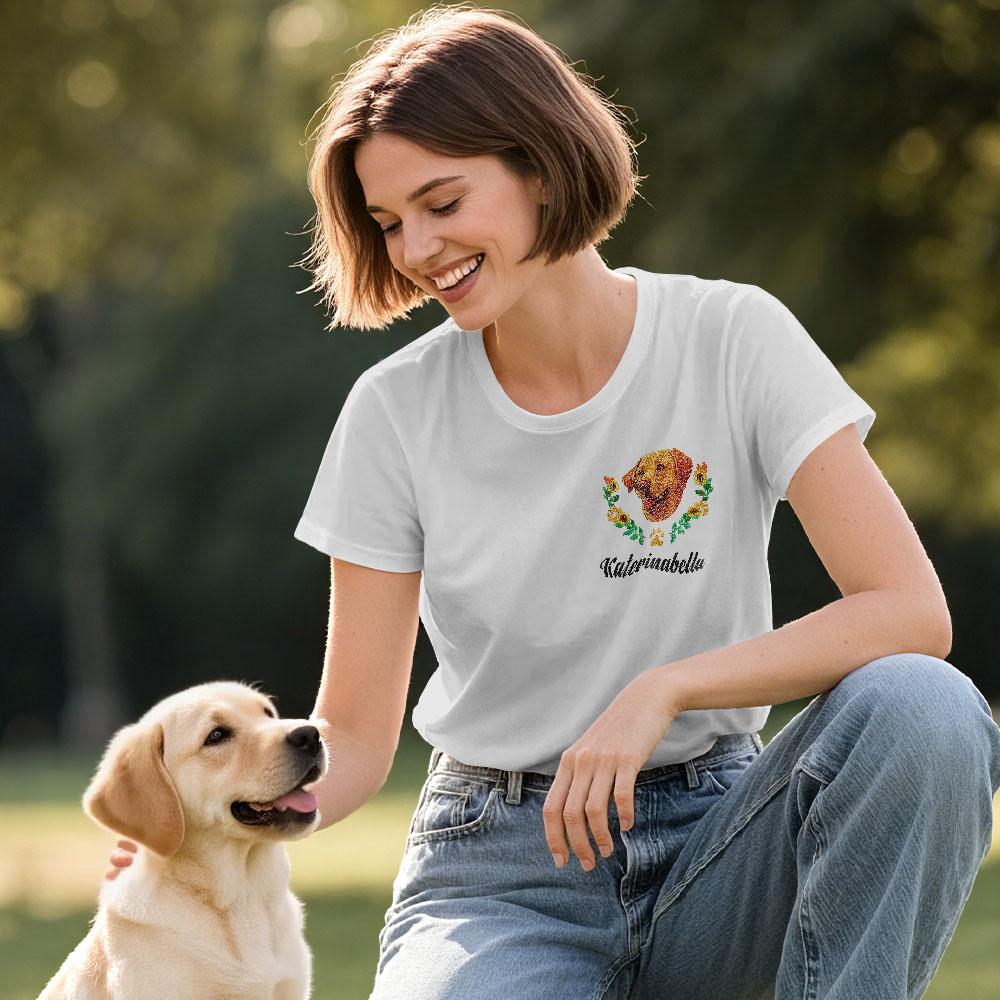 Custom Embroidered-Style Pet T-shirt – Personalized T-shirt with Pet Name & Wreath