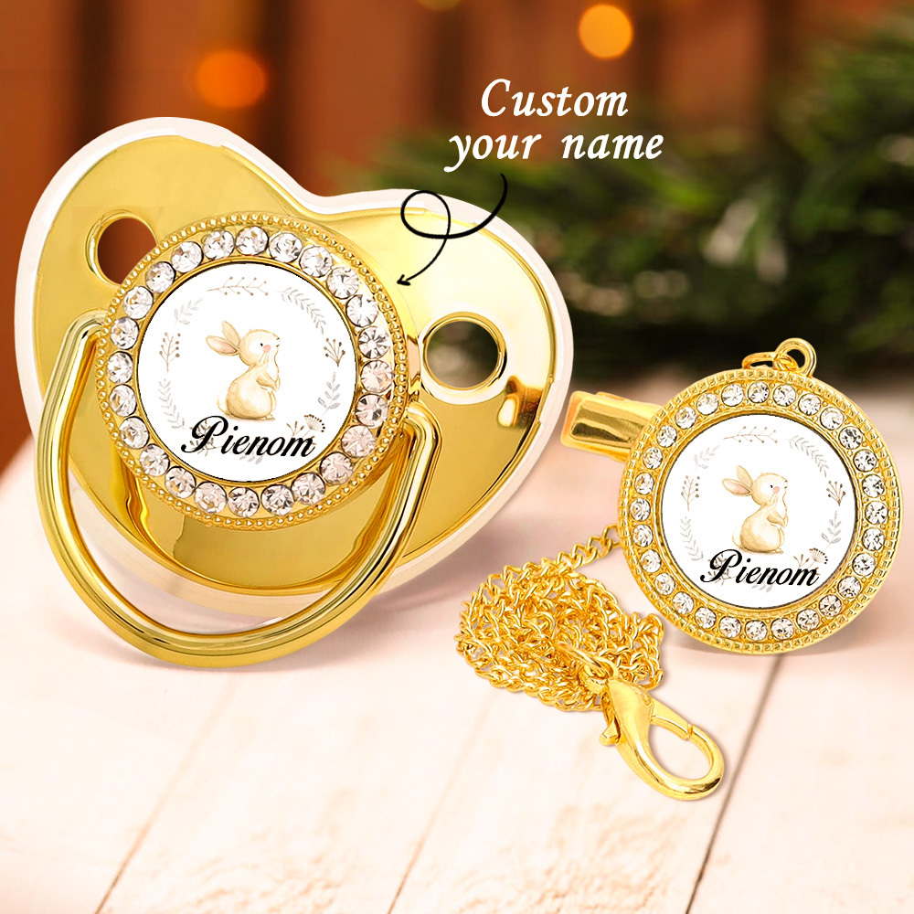 Custom Name Baby Pacifier & Clip Set with Bunny Pattern – Personalized Newborn Gift