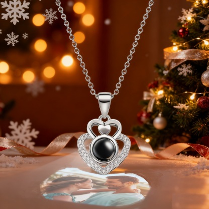 Custom Photo Projection Necklace Double Heart Romantic Couple Gifts