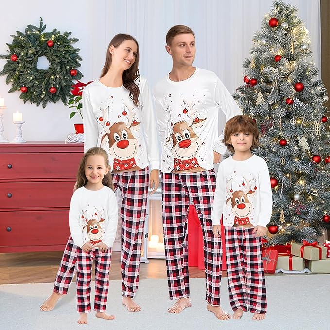 Christmas Family Pyjama Set Long Sleepwear Sleeves Cute Elk Print Round Neck Plaid Pyjamas Family Loungewear Outfit Suitable for Women Men Children and Baby Beige