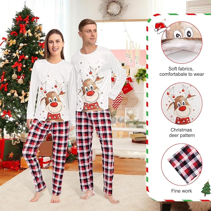 Christmas Family Pyjama Set Long Sleepwear Sleeves Cute Elk Print Round Neck Plaid Pyjamas Family Loungewear Outfit Suitable for Women Men Children and Baby Beige