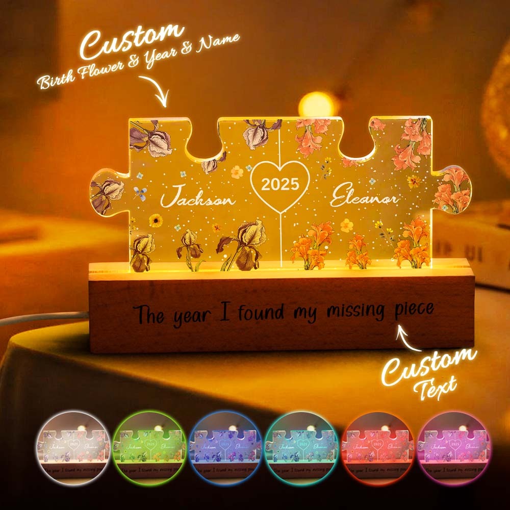 Personalized Couple Puzzle LED Night Light with Birth Flower Night Light Anniversary Gifts for Lover