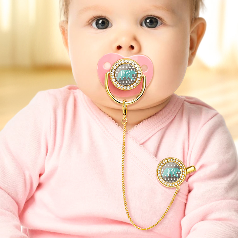 Custom Name Baby Pacifier & Clip Set with Polar Bear Pattern – Personalized Newborn Gift