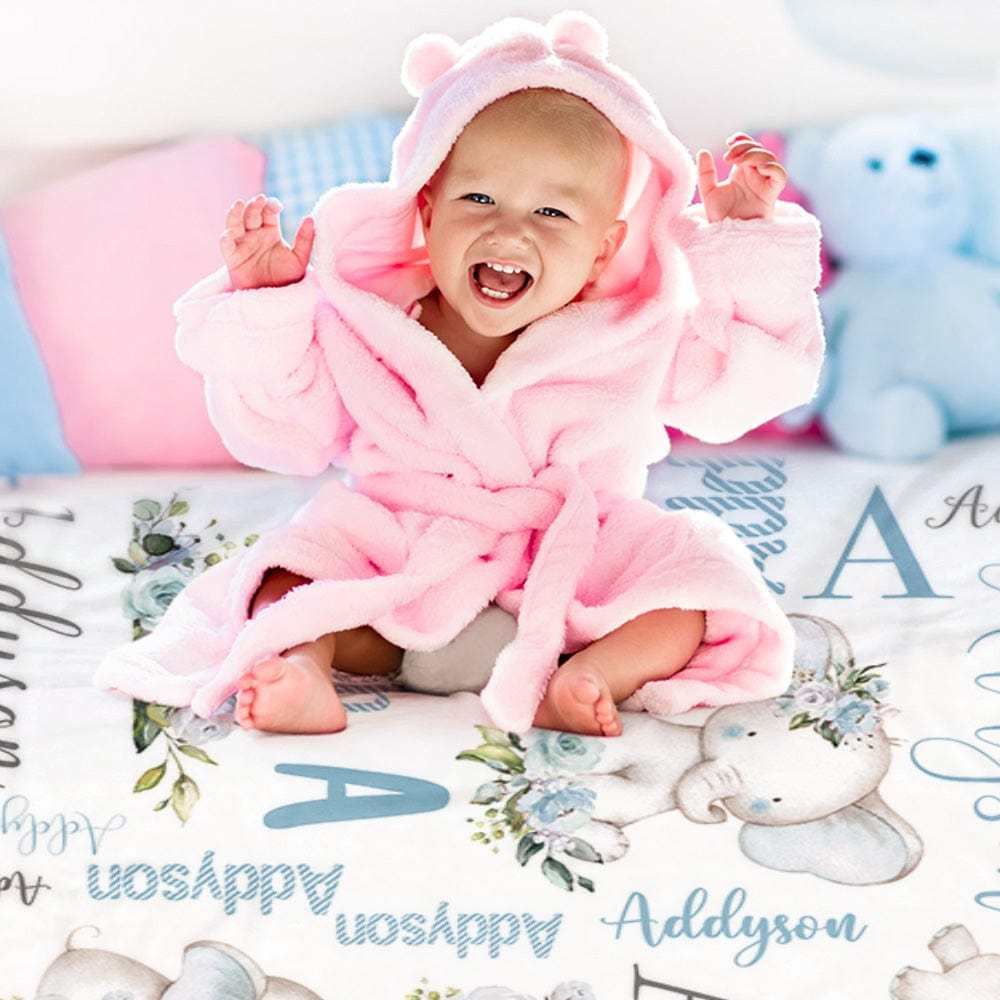 Custom Floral Cute Elephant Blanket with Name Christmas Birthday Baby Shower Gift for Baby Kid Family