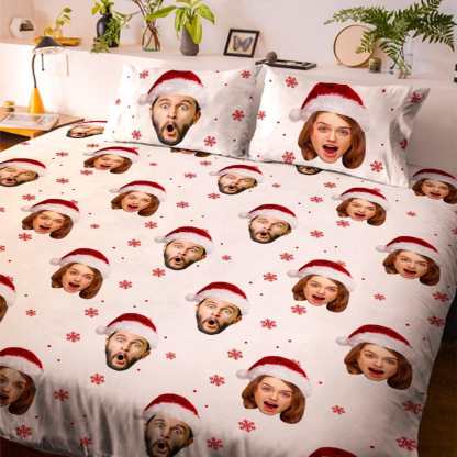 Personalized Photo Double Bedding Sheet And Duvet Cover Pillowslip Set Christmas Hat Gift For Couple