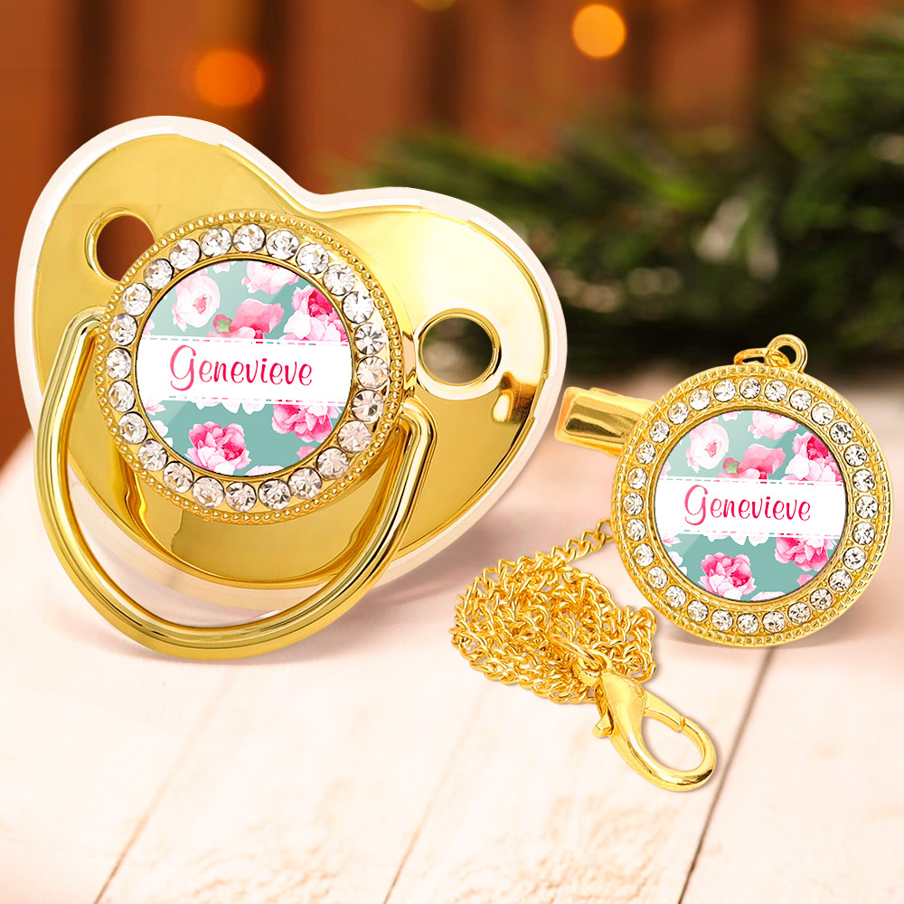 Custom Name Baby Pacifier & Clip Set with Flower – Personalized Newborn Gift