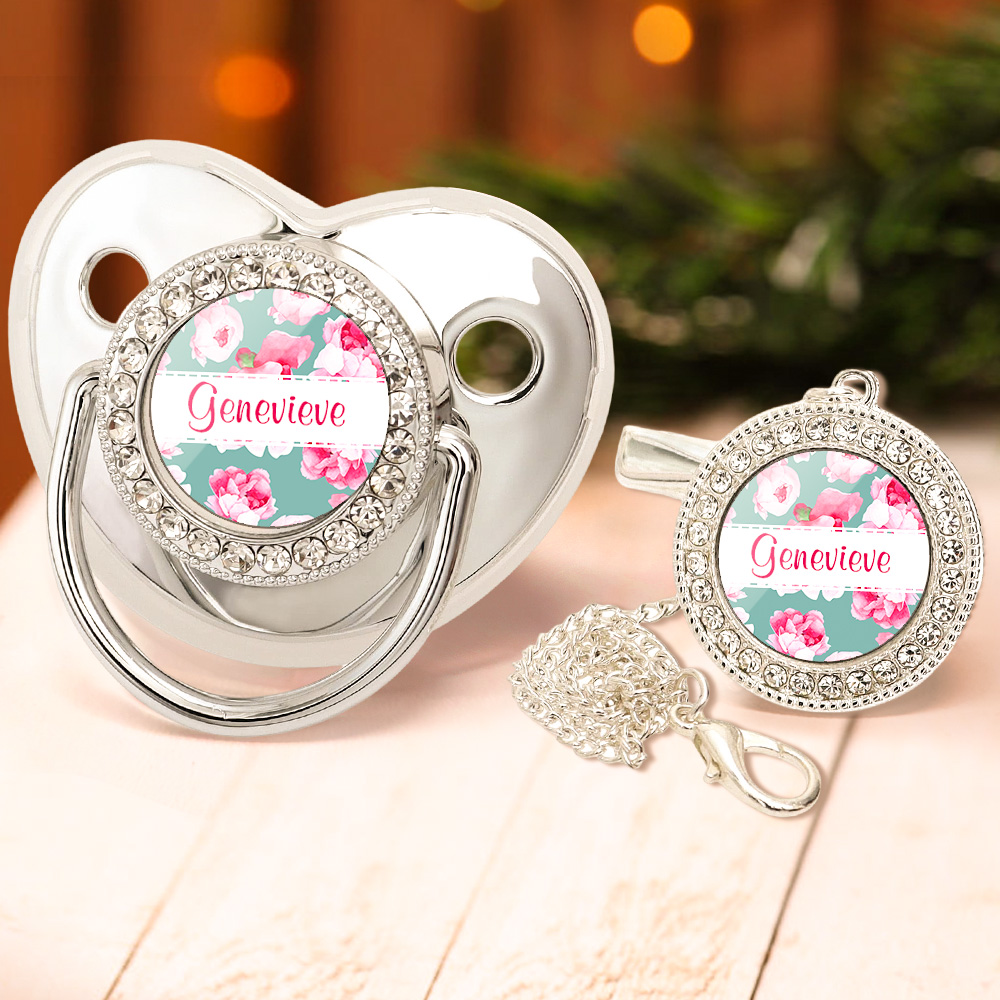 Custom Name Baby Pacifier & Clip Set with Flower – Personalized Newborn Gift