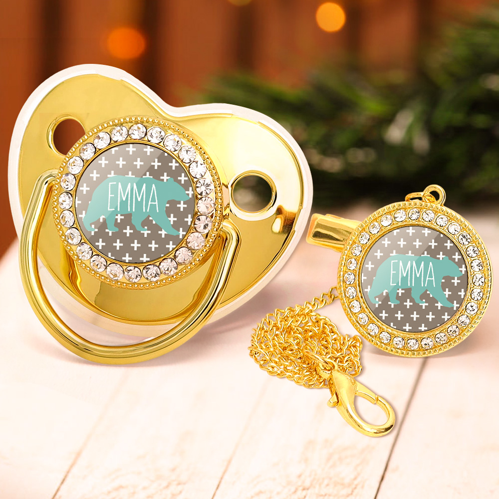 Custom Name Baby Pacifier & Clip Set with Polar Bear Pattern – Personalized Newborn Gift