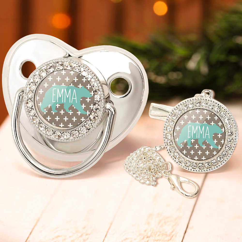 Custom Name Baby Pacifier & Clip Set with Polar Bear Pattern – Personalized Newborn Gift