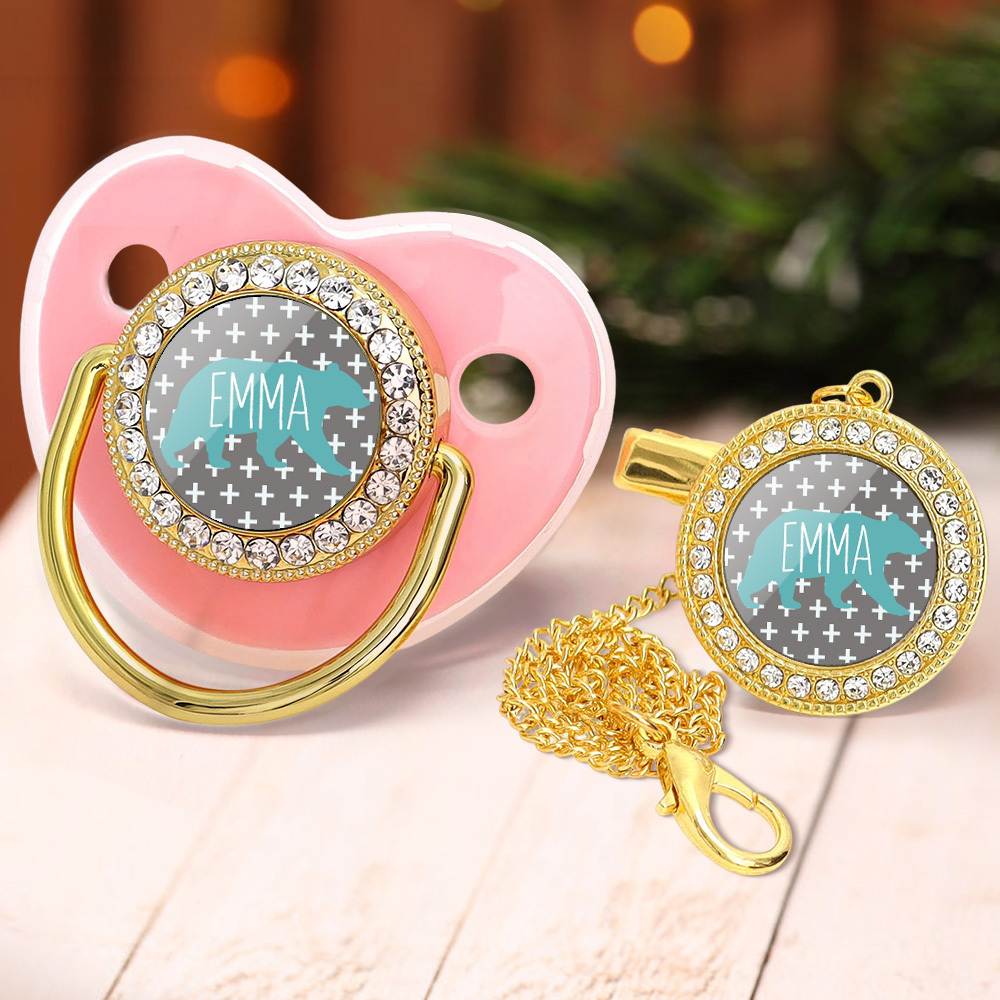 Custom Name Baby Pacifier & Clip Set with Polar Bear Pattern – Personalized Newborn Gift