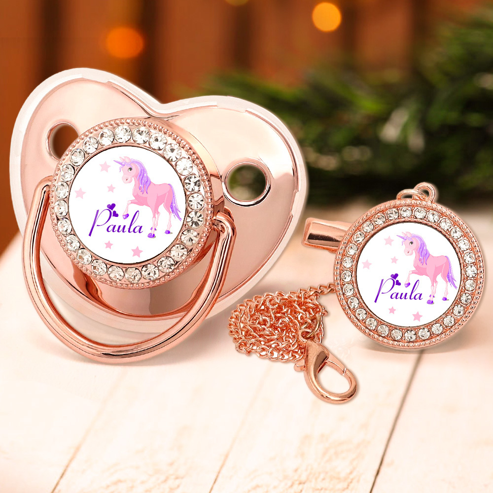 Custom Name Baby Pacifier & Clip Set with Dreamlike Unicorn Pattern – Personalized Newborn Gift