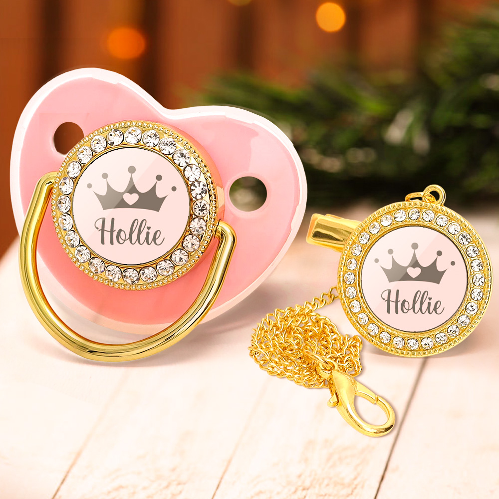Custom Name Baby Pacifier & Clip Set with Crown – Personalized Newborn Gift