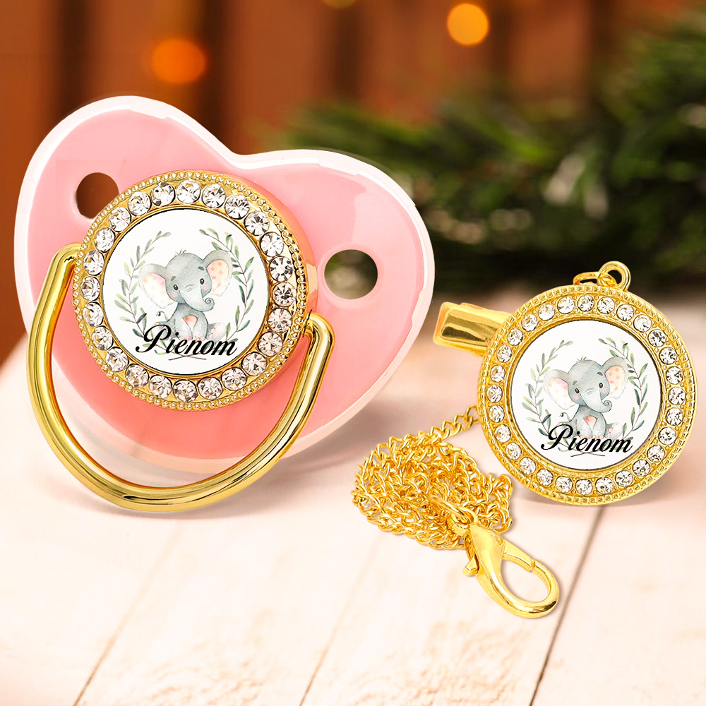 Custom Name Baby Pacifier & Clip Set with Elephant Pattern – Personalized Newborn Gift