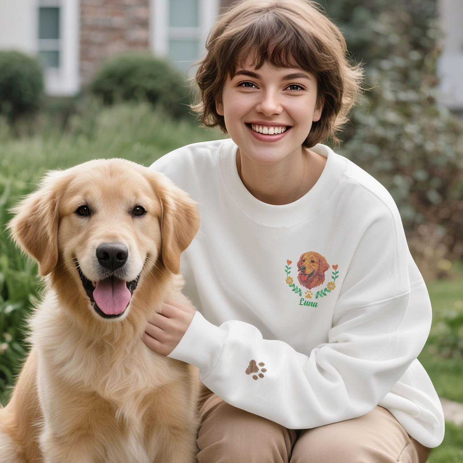 Custom Embroidered-Style Pet Sweatshirt – Personalized Pullover with Pet Name & Wreath