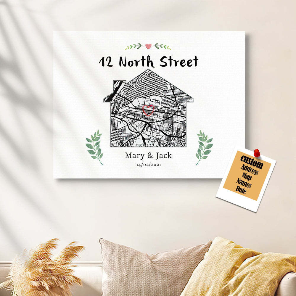 Personalized New Home Map Canvas Custom House Shape Wall Decor Housewarming Gift Christmas Gift
