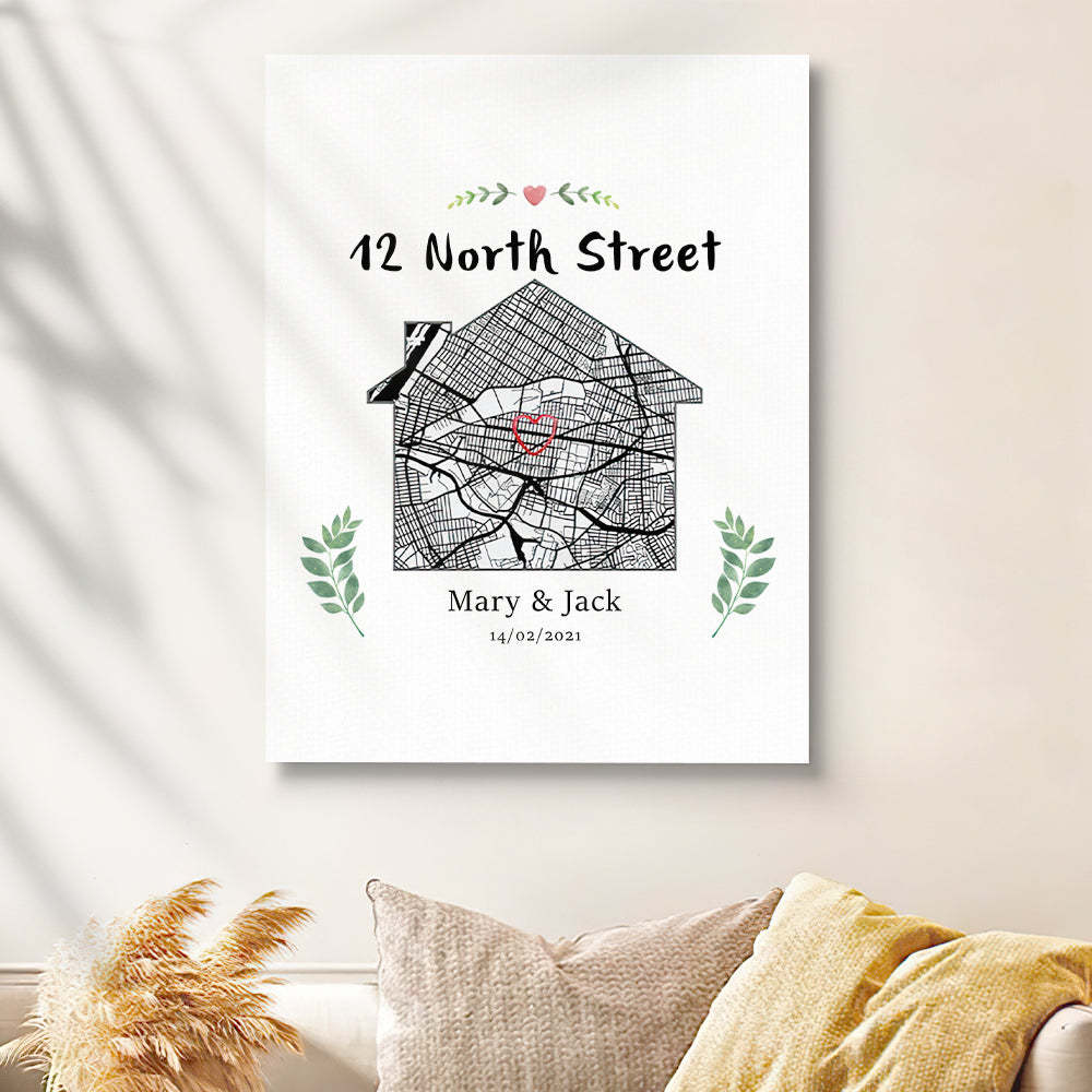Personalized New Home Map Canvas Custom House Shape Wall Decor Housewarming Gift Christmas Gift