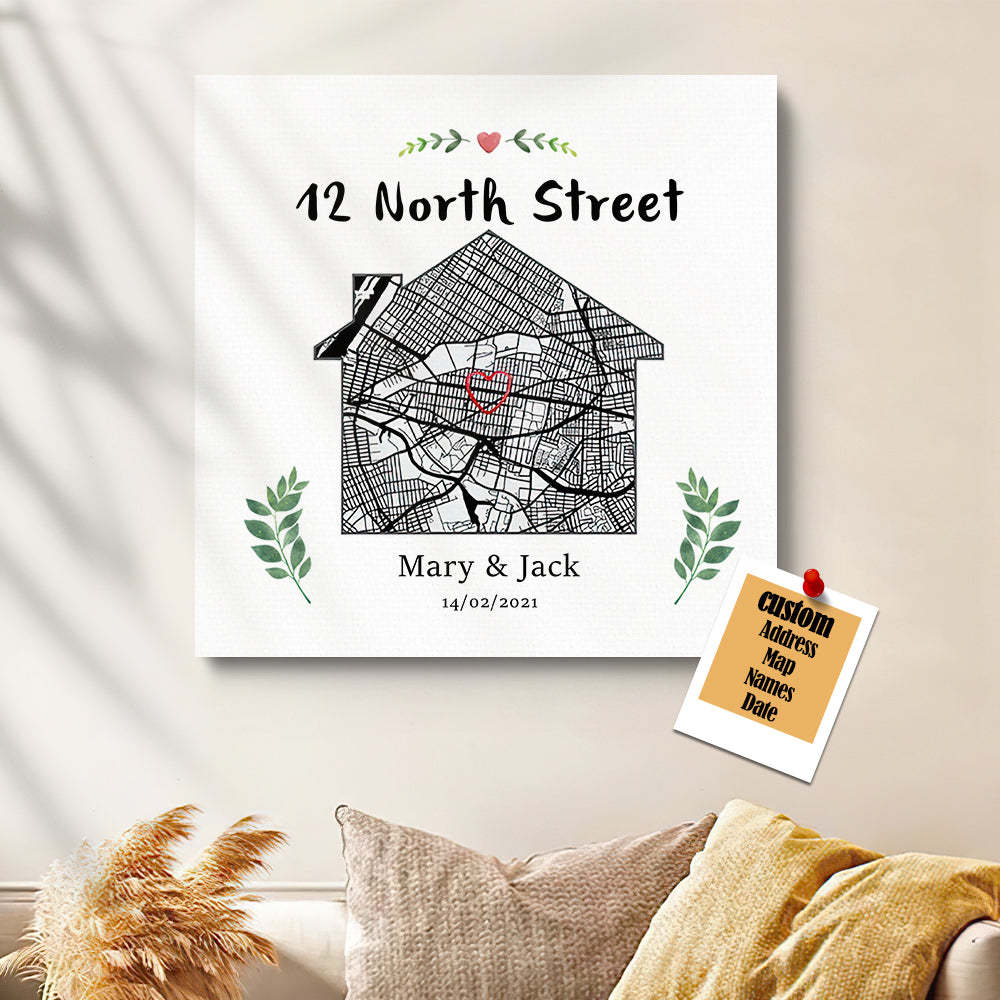 Personalized New Home Map Canvas Custom House Shape Wall Decor Housewarming Gift Christmas Gift