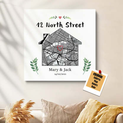Personalized New Home Map Canvas Custom House Shape Wall Decor Housewarming Gift Christmas Gift