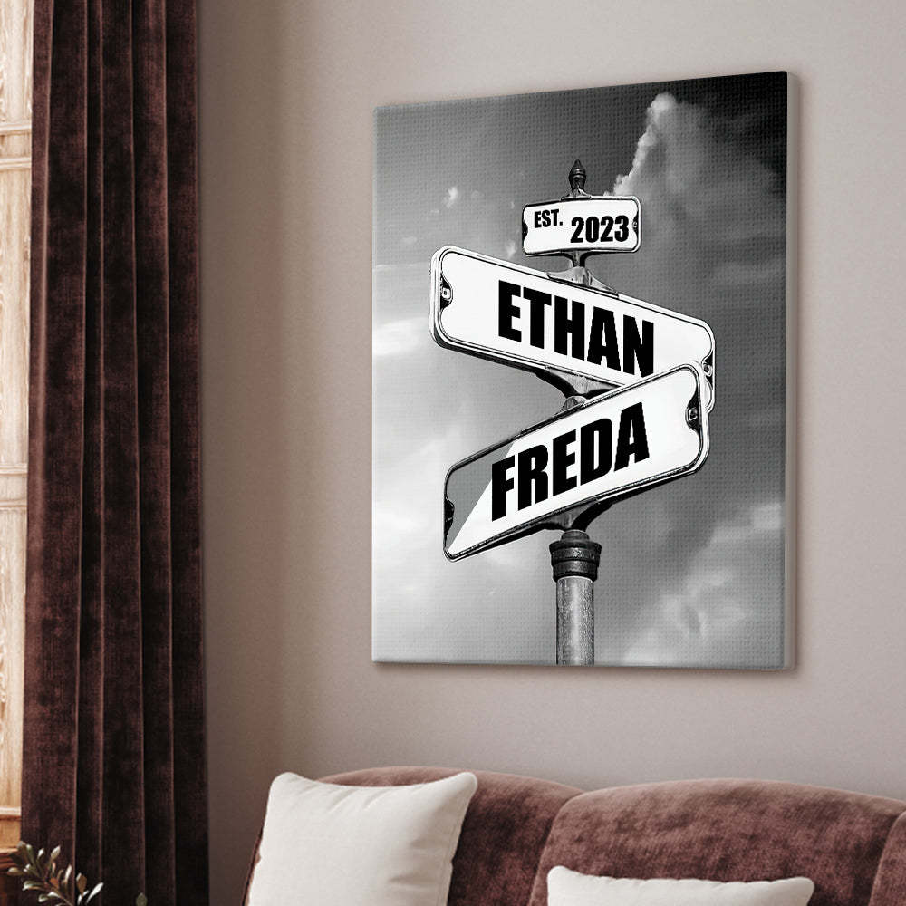 Personalized Name Canvas With Year Date Vintage Crossroad Street Sign Canvas Anniversary Gift For Couples