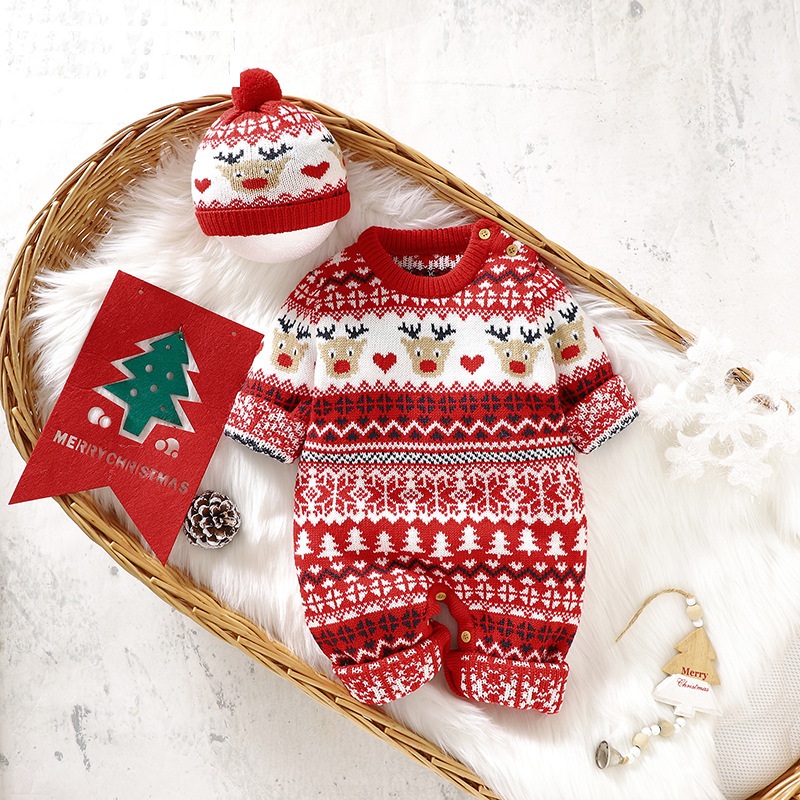 Baby Christmas Reindeer Knitted Jumpsuit with Hat Set