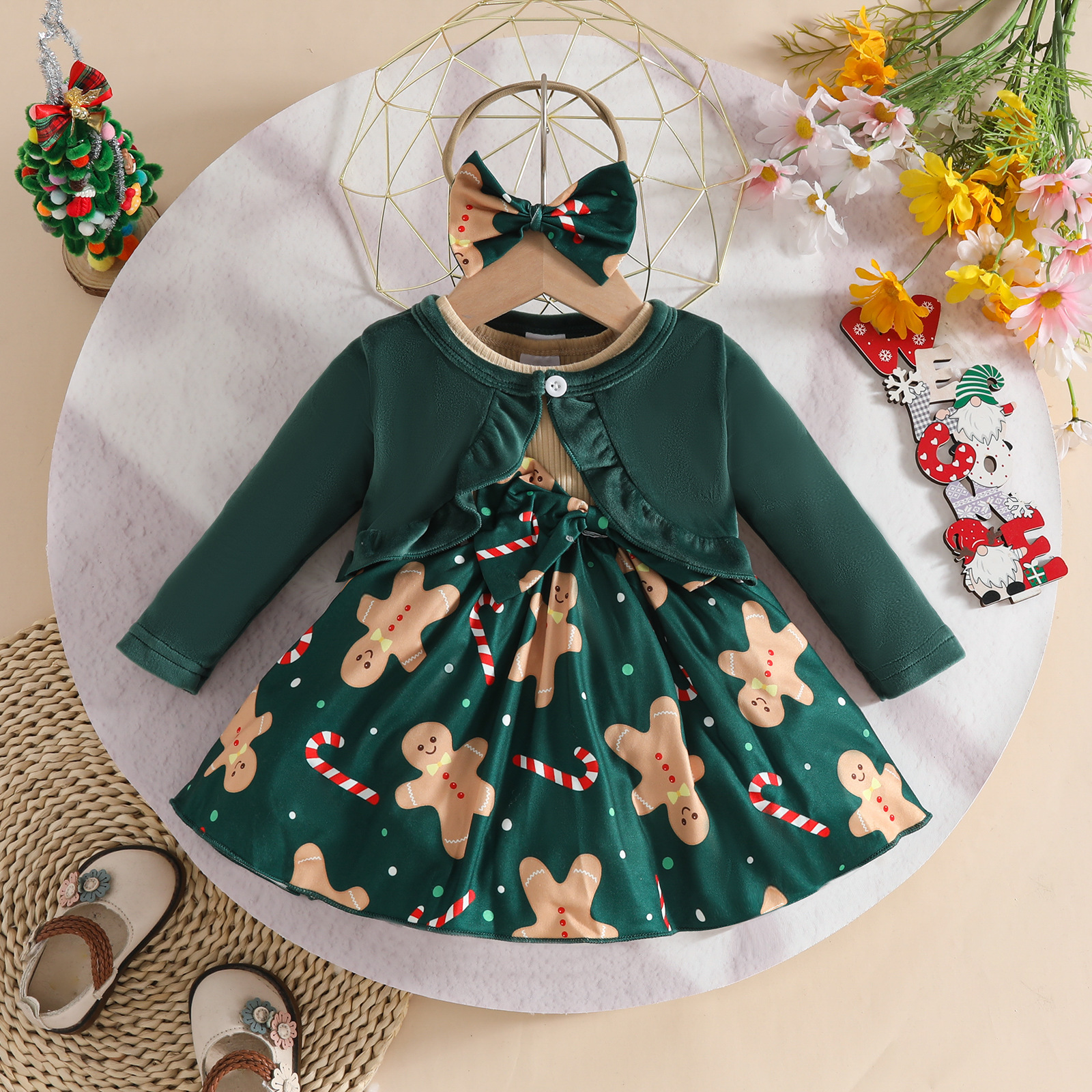 Toddler Girl Christmas Dress Set with Cardigan and Headband