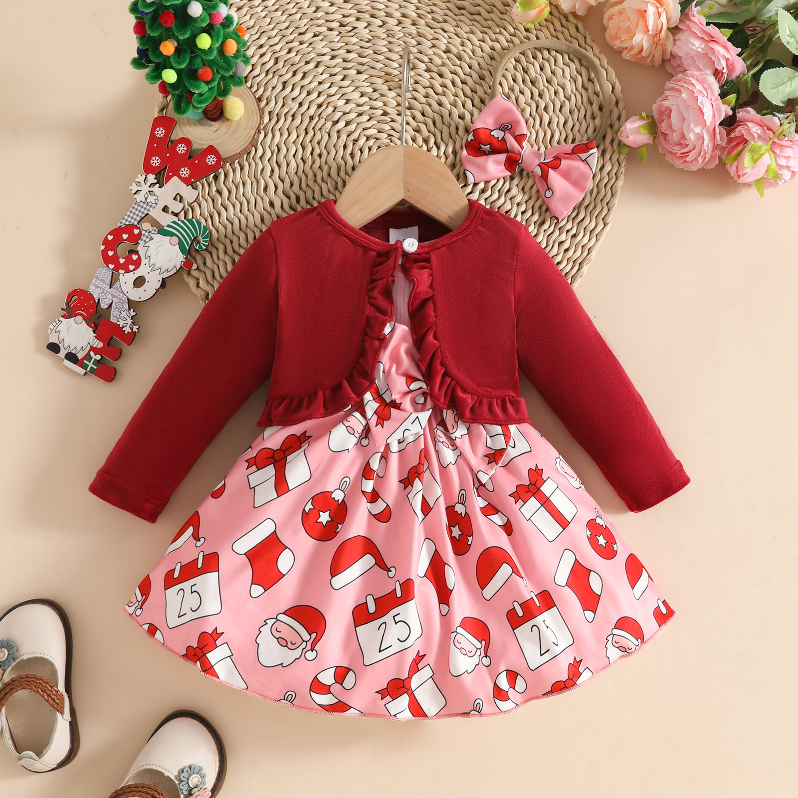 Toddler Girl Christmas Dress Set with Cardigan and Headband