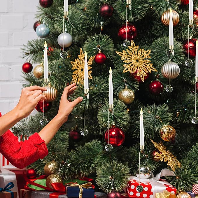Christmas Tree Hanging LED Candle Lights with Sparkling Ornaments, Realistic Flameless Taper Candles for Xmas Tree Decoration, Festive Home Holiday Decor
