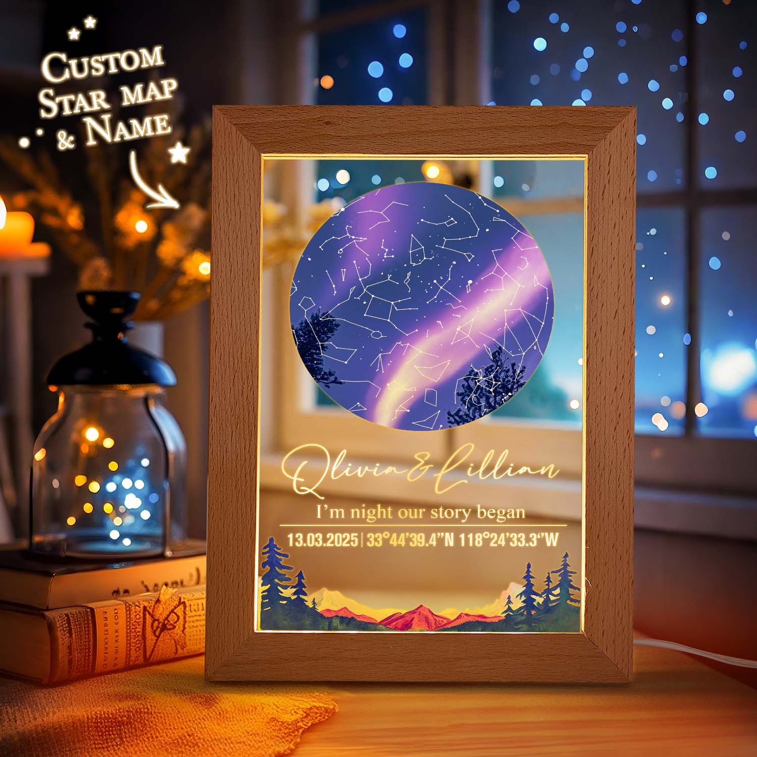 Custom Star Map Night Light Acrylic Lamp with Date Text and Wooden Base Home Decor for Valentine’s Day Anniversary Gift for Couples
