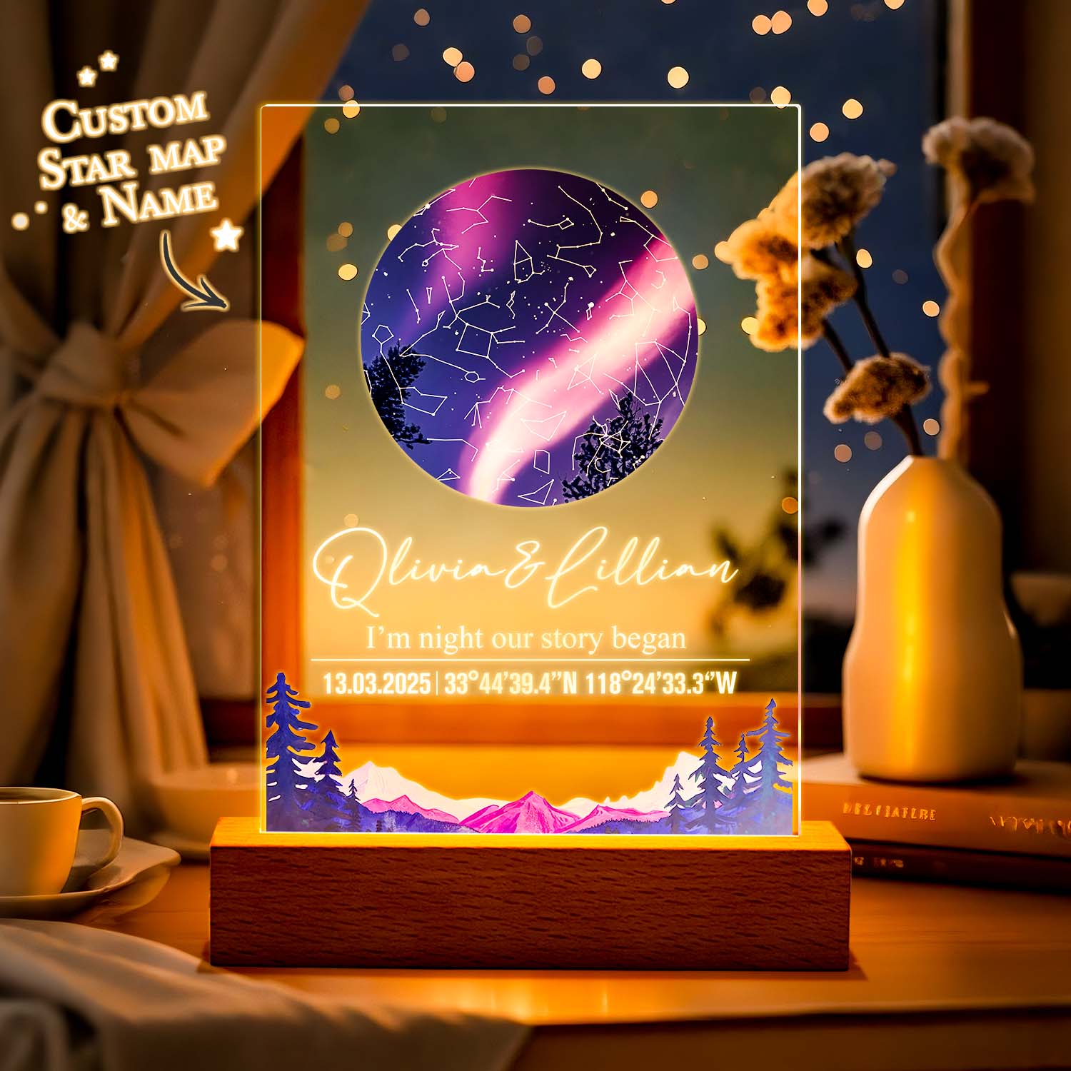 Custom Star Map Night Light Acrylic Lamp with Date Text and Wooden Base Home Decor for Valentine’s Day Anniversary Gift for Couples