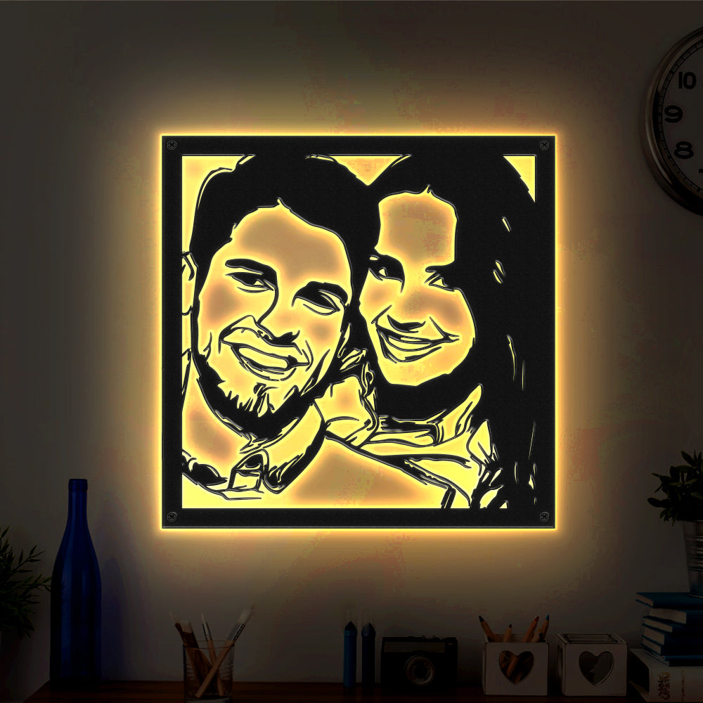 Custom Portrait Metal Wall Art Personalized Couple Photo LED Lights Decor Gift for Lover