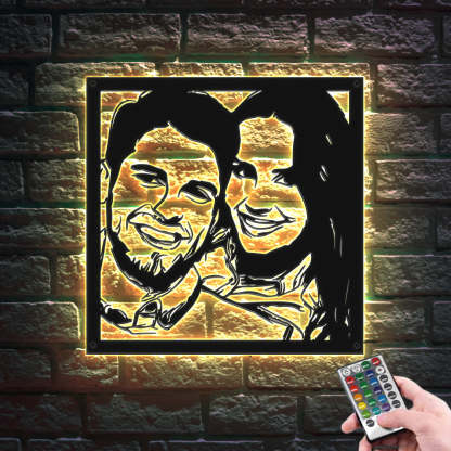 Custom Portrait Metal Wall Art Personalized Couple Photo LED Lights Decor Gift for Lover