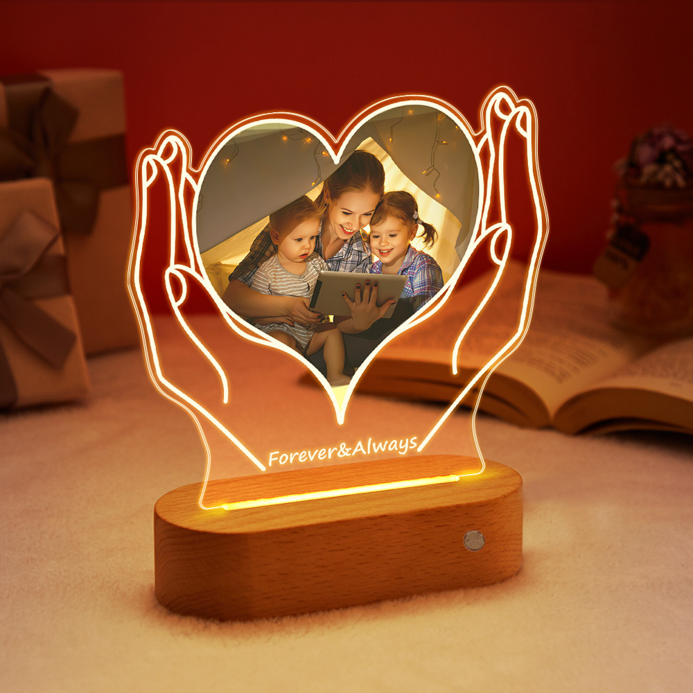 Custom Photo & Text Heart-Shaped Acrylic Night Light with Warm Light – Birthday & Christmas Gift