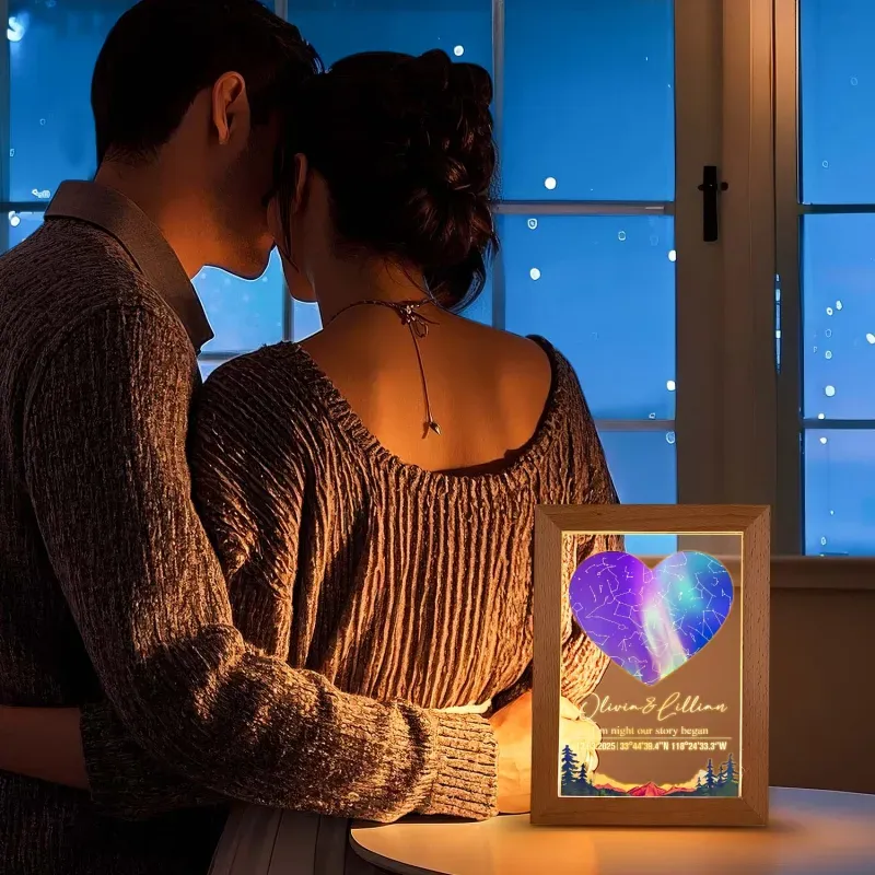 Custom Star Map Night Light Acrylic Lamp with Date Text and Wooden Base Home Decor for Valentine’s Day Anniversary Gift for Couples