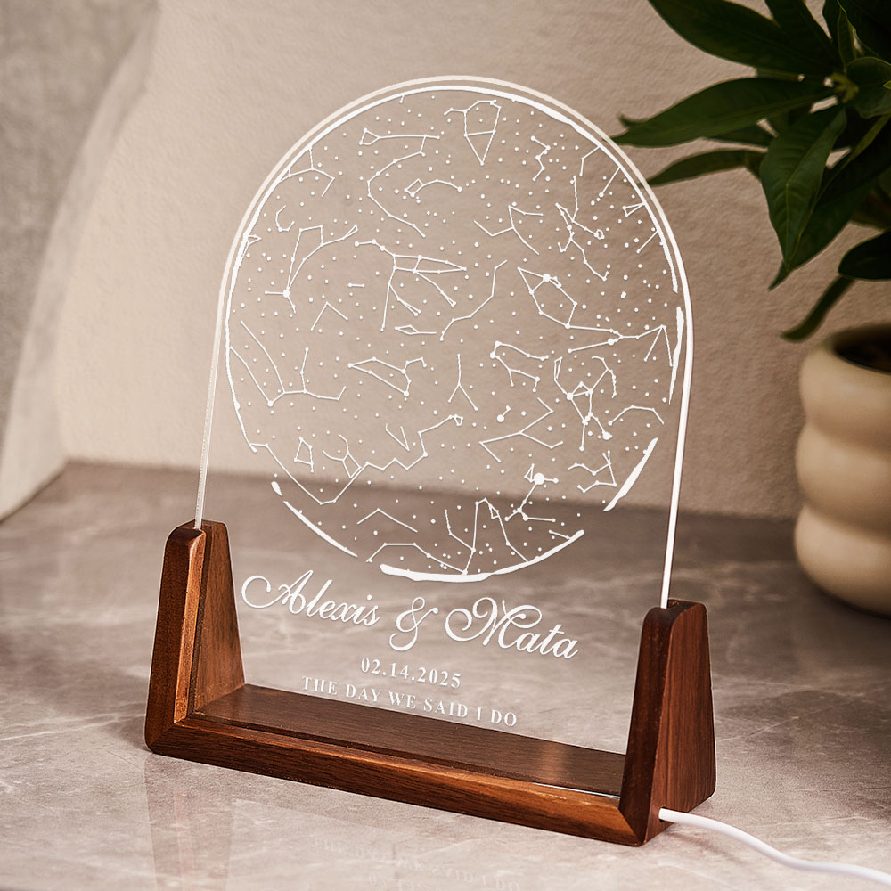 Personalized Name Night Light with 7 Colors – Custom Star Map with U-Shaped Walnut Wood Base