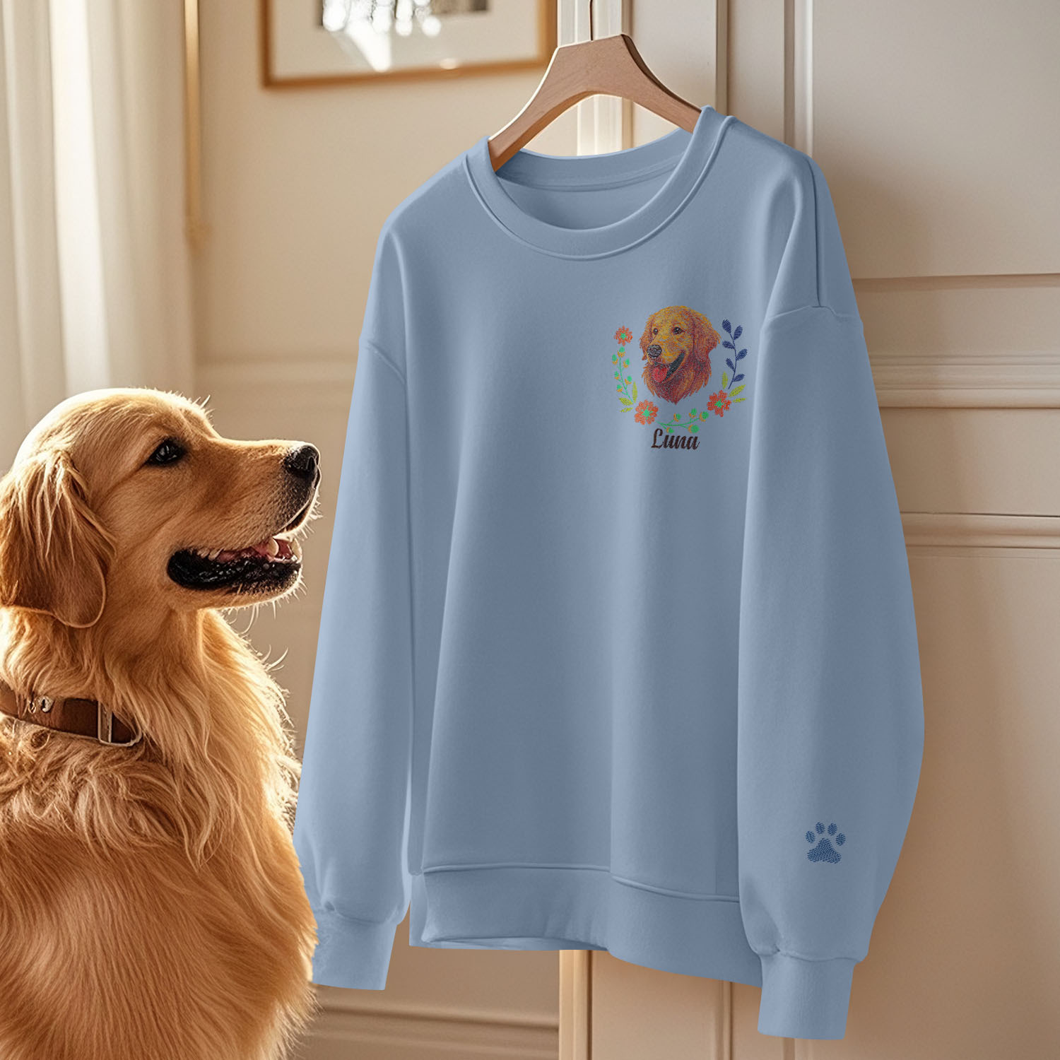 Custom Embroidered-Style Pet Sweatshirt – Personalized Pullover with Pet Name & Wreath