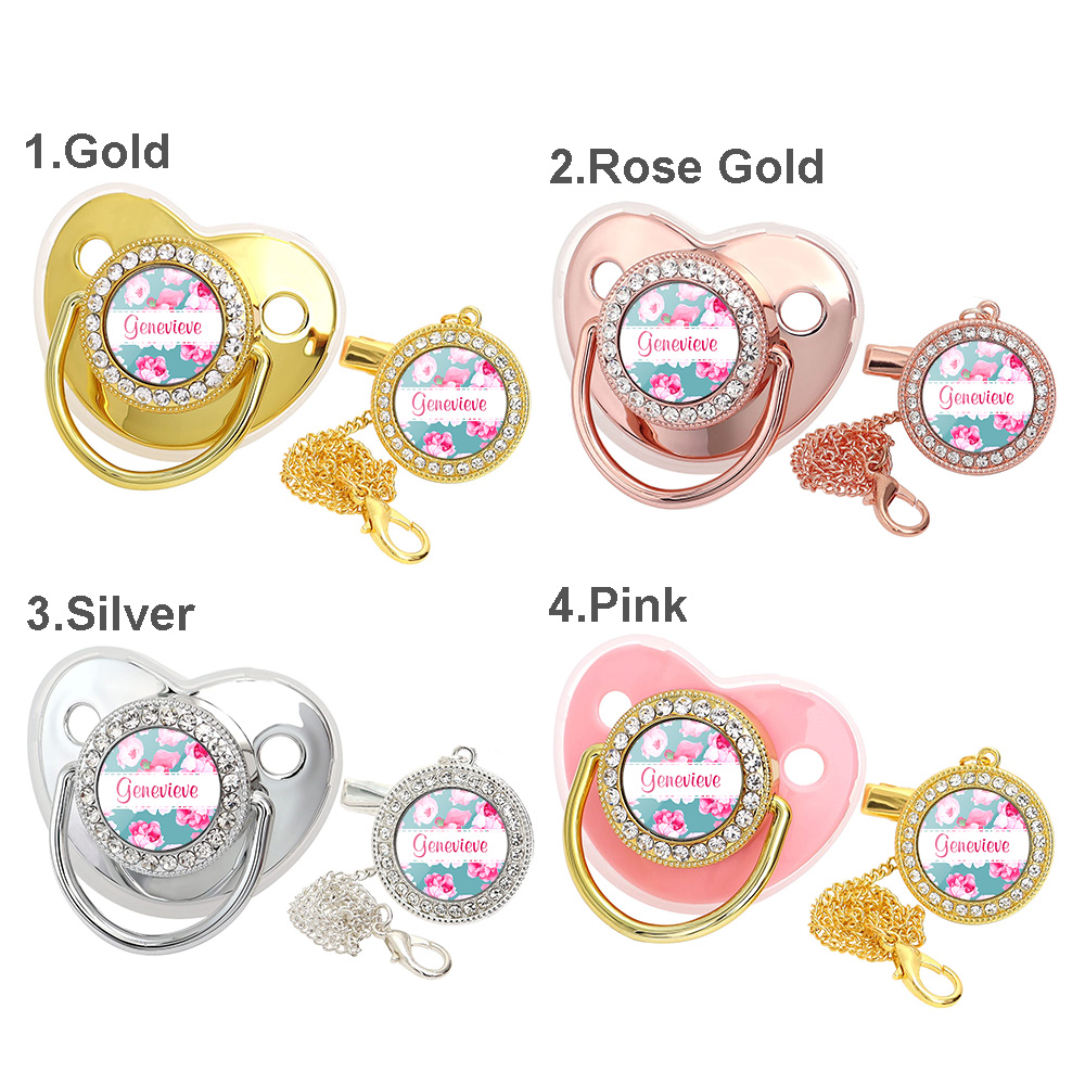 Custom Name Baby Pacifier & Clip Set with Flower – Personalized Newborn Gift